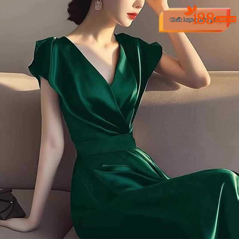 Váy maxi nữ tay ngắn thắt eo phong cách Hepburn cao cấp — màu đen, màu xanh, màu tím, xanh lá cây chi tiết 5