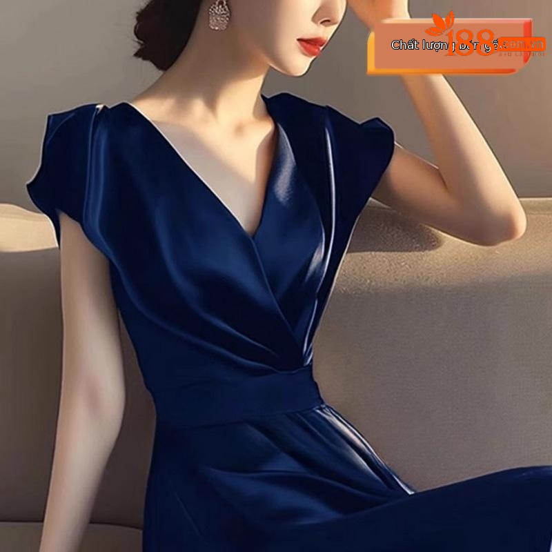 Váy maxi nữ tay ngắn thắt eo phong cách Hepburn cao cấp — màu đen, màu xanh, màu tím, xanh lá cây chi tiết 8