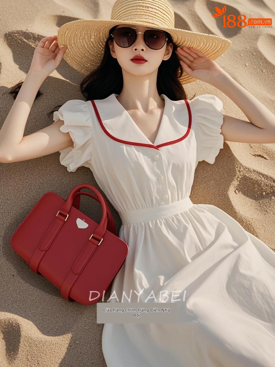Váy maxi nữ thắt eo cổ yếm họa tiết tương phản phong cách biển — màu trắng chi tiết 3