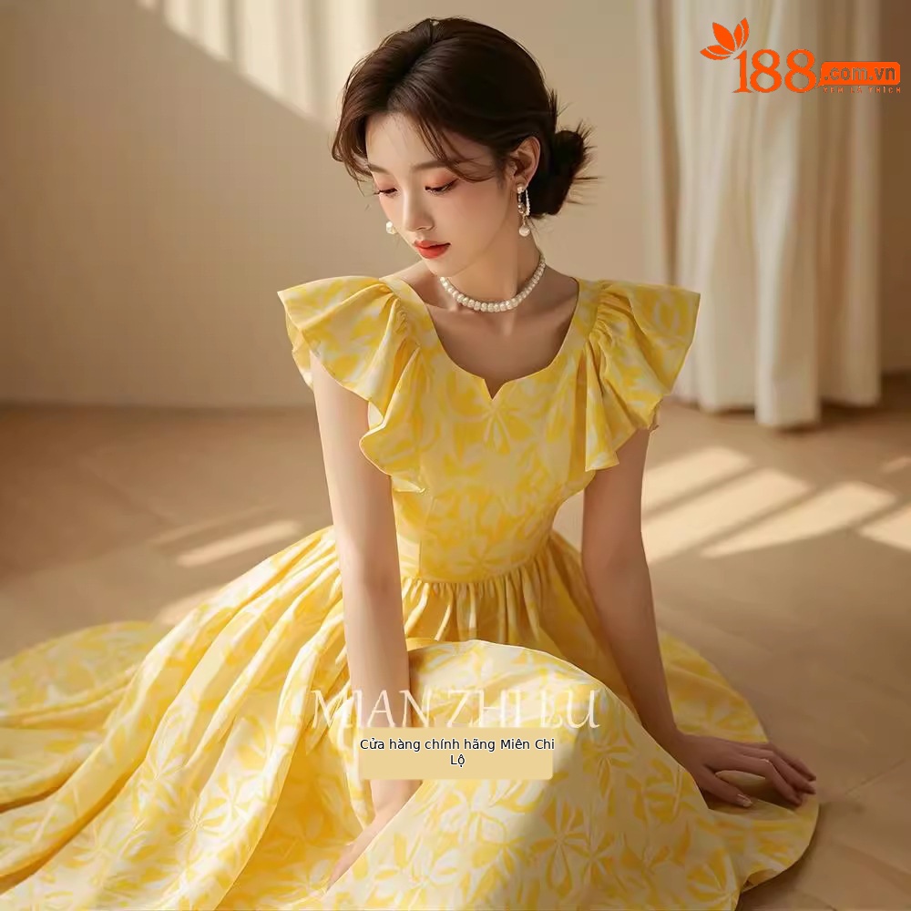 Váy dài mùa hè FL240802 thiết kế tay bay nhỏ in hoa màu vàng kiểu Pháp — Váy liền màu vàng