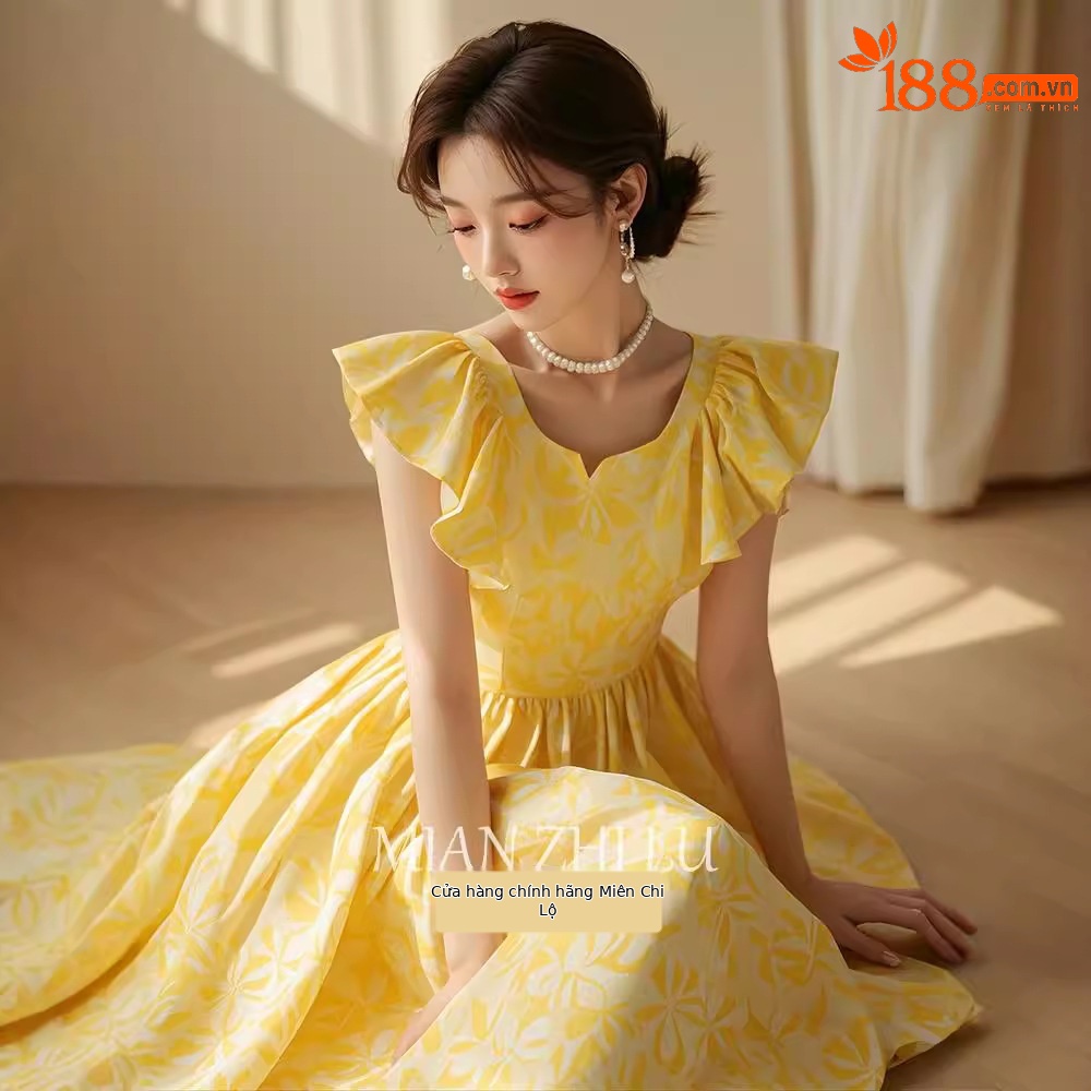 Váy dài mùa hè FL240802 thiết kế tay bay nhỏ in hoa màu vàng kiểu Pháp — Váy liền màu vàng