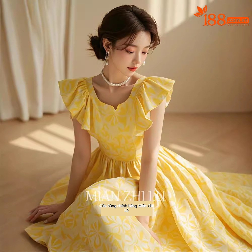 Váy dài mùa hè FL240802 thiết kế tay bay nhỏ in hoa màu vàng kiểu Pháp — Váy liền màu vàng