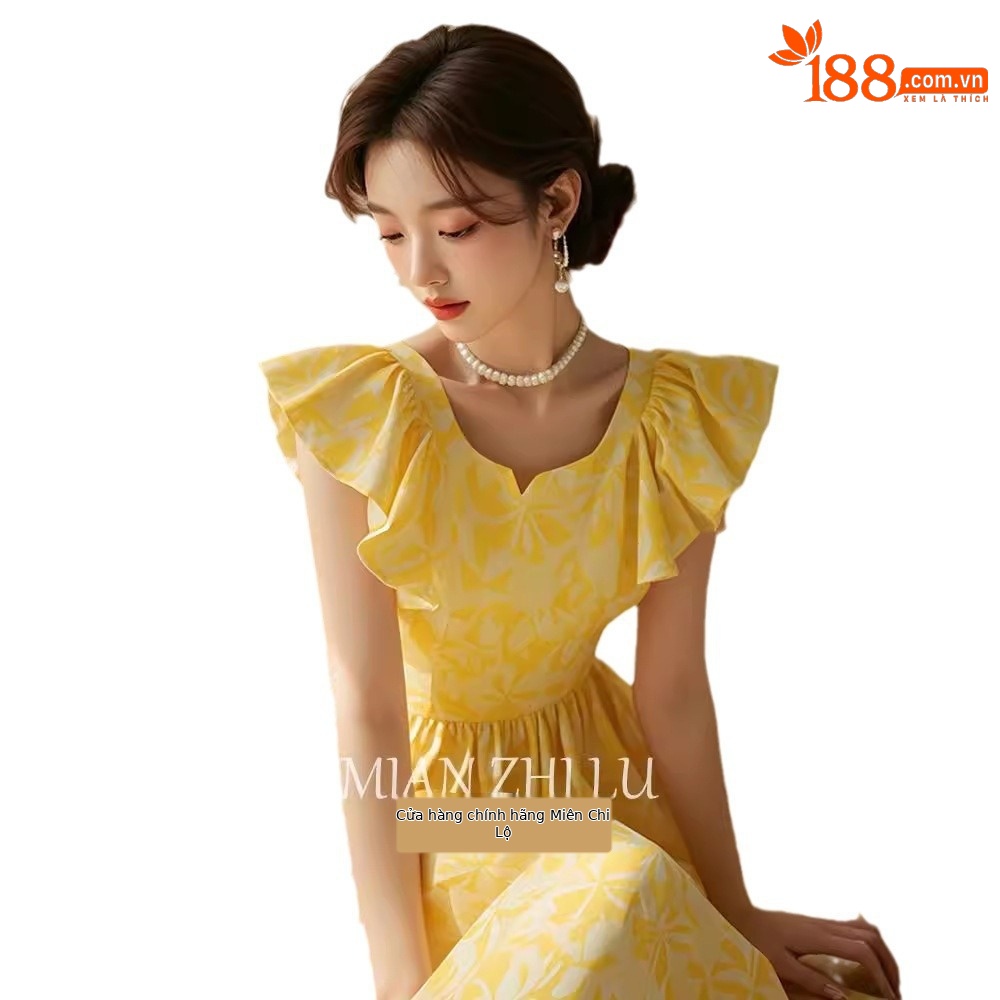 Váy dài mùa hè FL240802 thiết kế tay bay nhỏ in hoa màu vàng kiểu Pháp — Váy liền màu vàng
