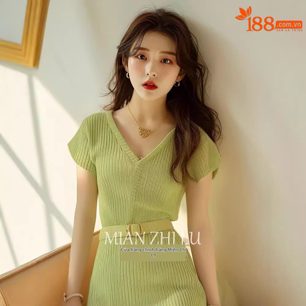 Đầm dệt kim xanh lá dáng suông midi phong cách Hàn Quốc tôn dáng đi làm mùa hè — Màu xanh lá