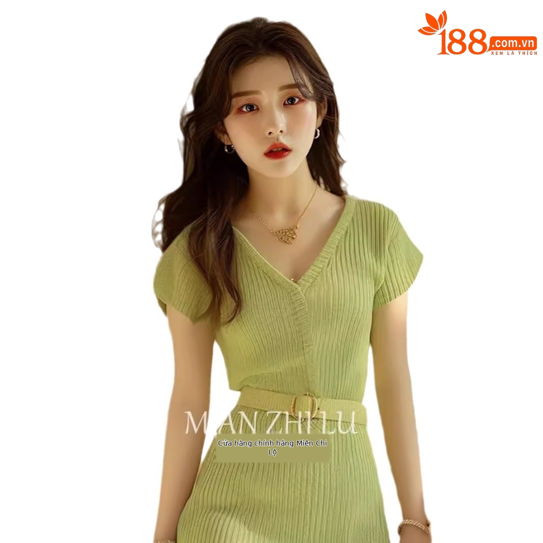 Đầm dệt kim xanh lá dáng suông midi phong cách Hàn Quốc tôn dáng đi làm mùa hè — Màu xanh lá