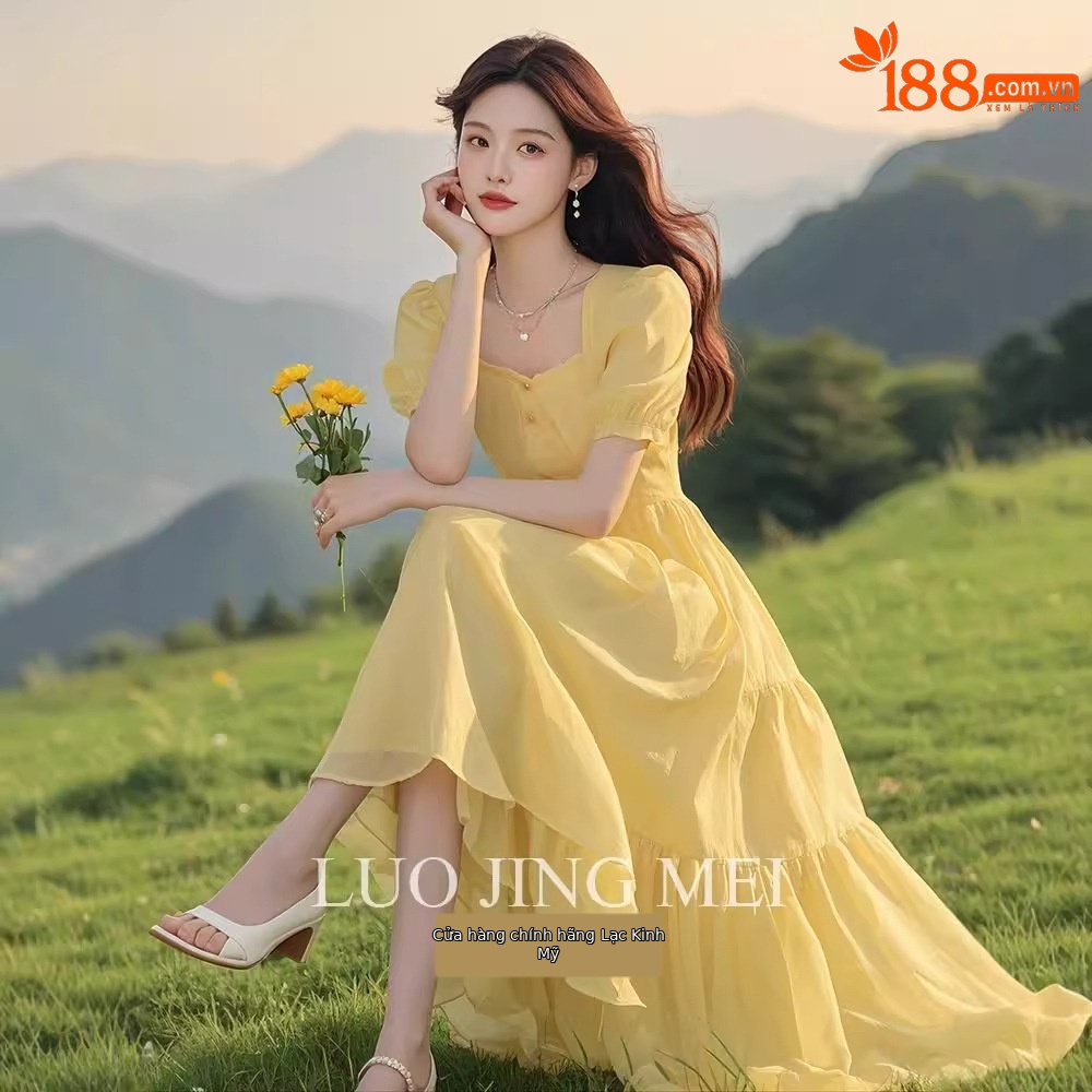 Váy maxi tay phồng vàng thanh lịch mùa hè — màu vàng