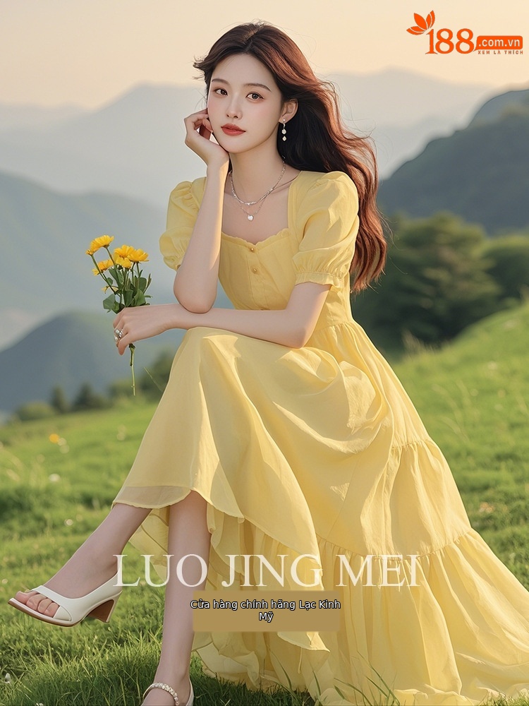 Váy maxi tay phồng vàng thanh lịch mùa hè — màu vàng chi tiết 3