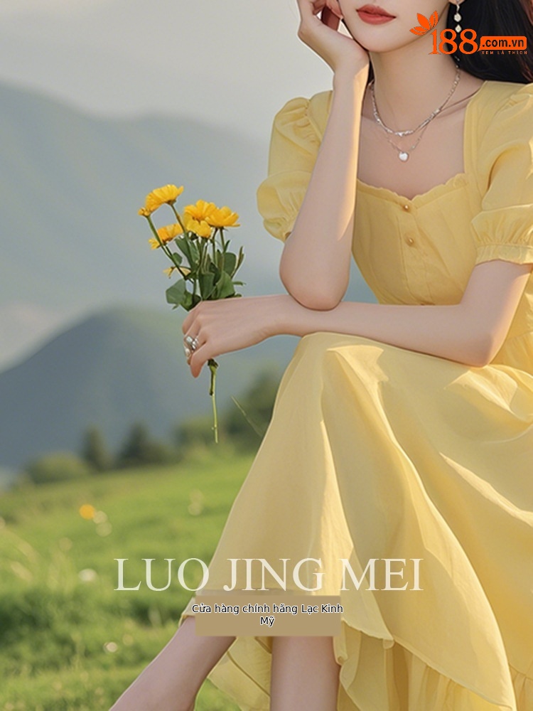 Váy maxi tay phồng vàng thanh lịch mùa hè — màu vàng chi tiết 4