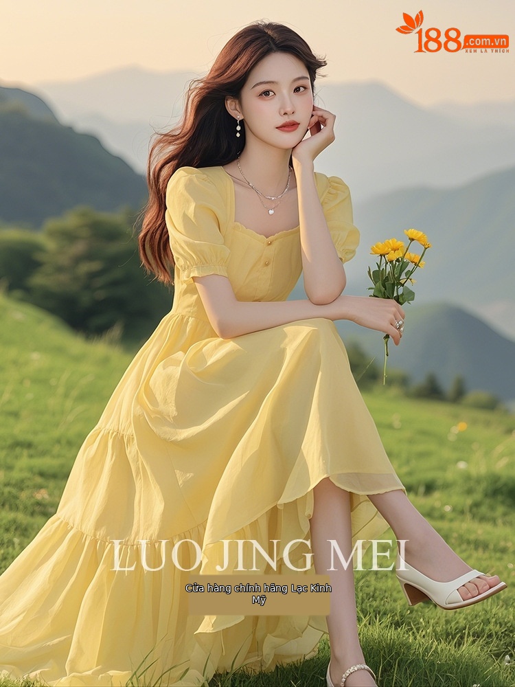 Váy maxi tay phồng vàng thanh lịch mùa hè — màu vàng chi tiết 5