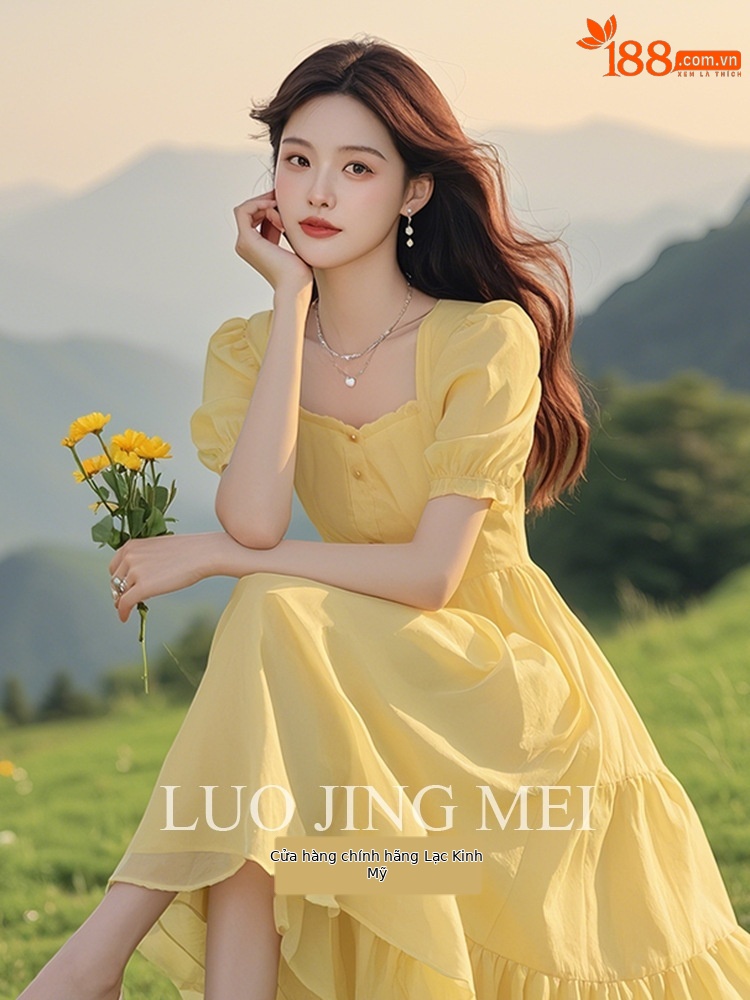 Váy maxi tay phồng vàng thanh lịch mùa hè — màu vàng chi tiết 6