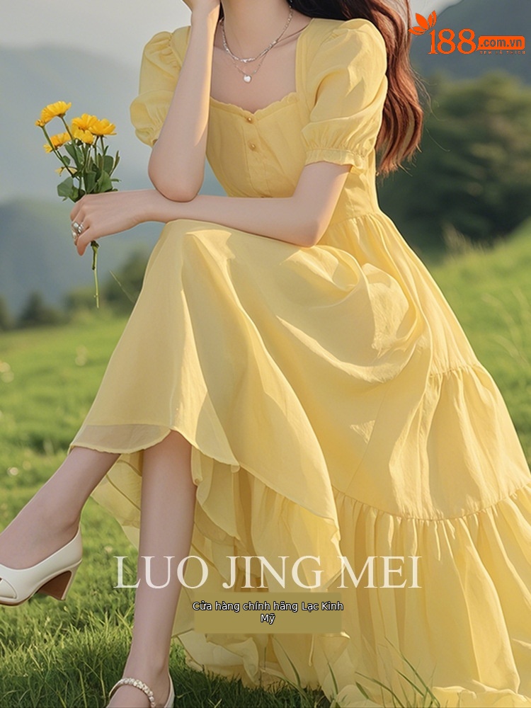 Váy maxi tay phồng vàng thanh lịch mùa hè — màu vàng chi tiết 7