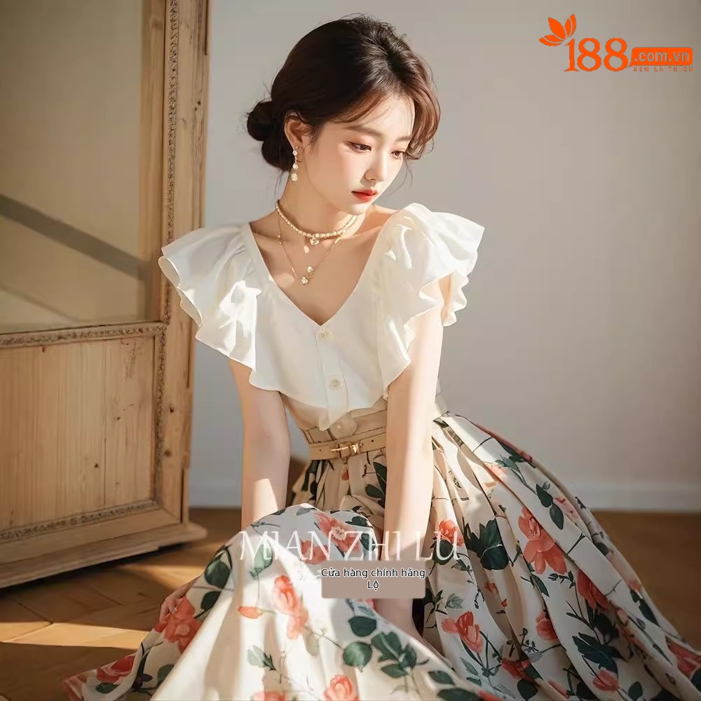 Bộ váy mùa hè nữ phong cách Hàn Quốc áo sơ mi kiểu Chanel kết hợp chân váy hoa — Áo, Hoa trắng
