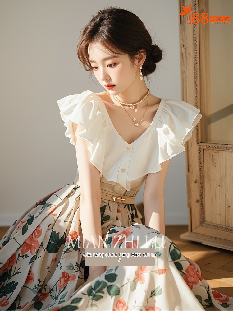 Bộ váy mùa hè nữ phong cách Hàn Quốc áo sơ mi kiểu Chanel kết hợp chân váy hoa — Áo, Hoa trắng chi tiết 3