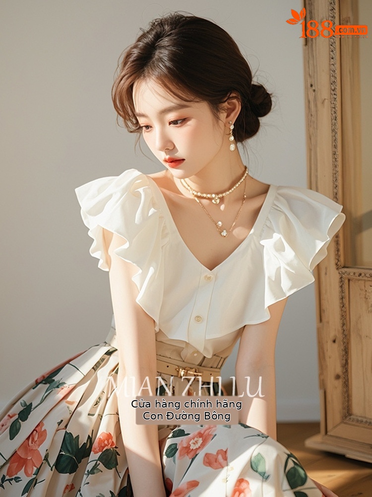 Bộ váy mùa hè nữ phong cách Hàn Quốc áo sơ mi kiểu Chanel kết hợp chân váy hoa — Áo, Hoa trắng chi tiết 5