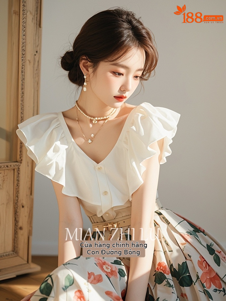 Bộ váy mùa hè nữ phong cách Hàn Quốc áo sơ mi kiểu Chanel kết hợp chân váy hoa — Áo, Hoa trắng chi tiết 6