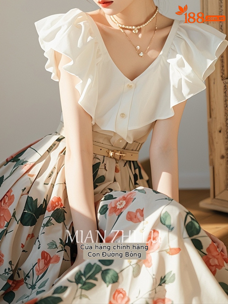 Bộ váy mùa hè nữ phong cách Hàn Quốc áo sơ mi kiểu Chanel kết hợp chân váy hoa — Áo, Hoa trắng chi tiết 7