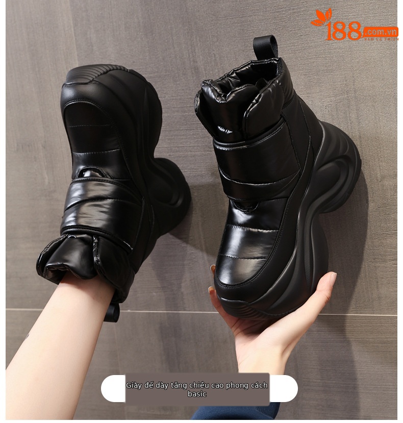 Giày boot nữ cổ cao lót nhung giữ ấm chống thấm nước đế dày — Màu đen chi tiết 1