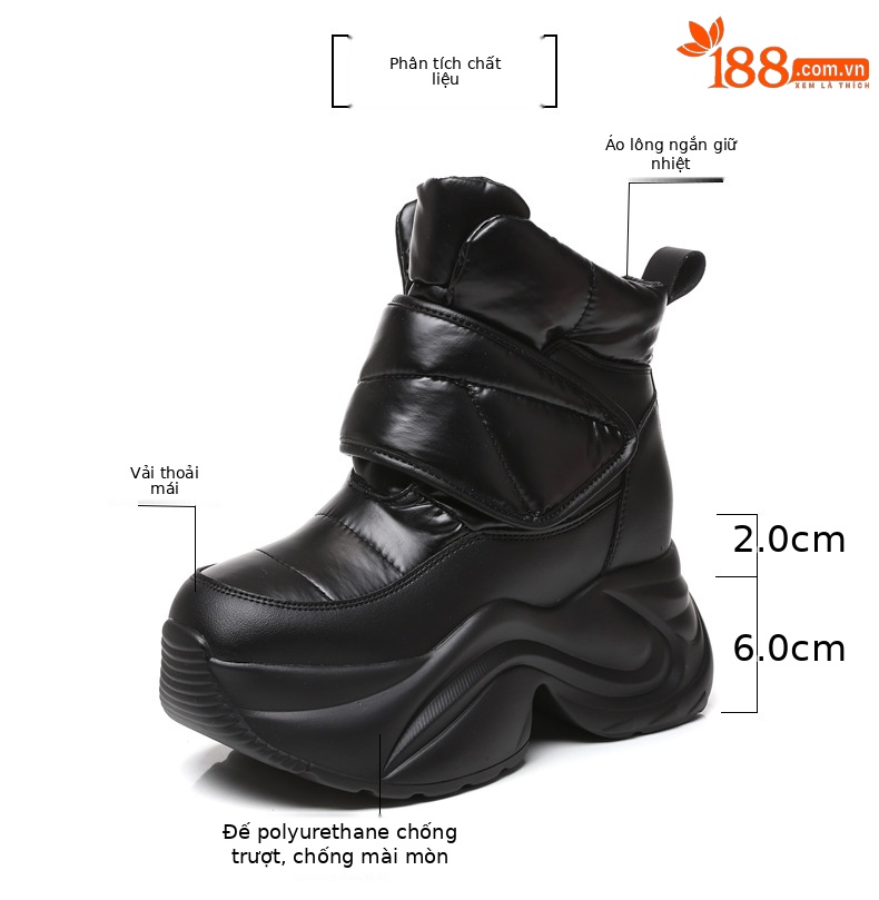 Giày boot nữ cổ cao lót nhung giữ ấm chống thấm nước đế dày — Màu đen chi tiết 3