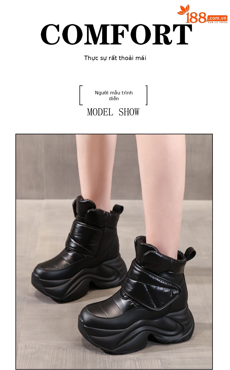 Giày boot nữ cổ cao lót nhung giữ ấm chống thấm nước đế dày — Màu đen chi tiết 11
