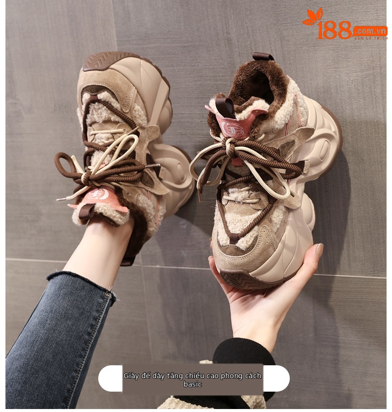 Giày sneaker nữ đế dày độn cao lót nhung mùa đông — Màu đen chi tiết 1