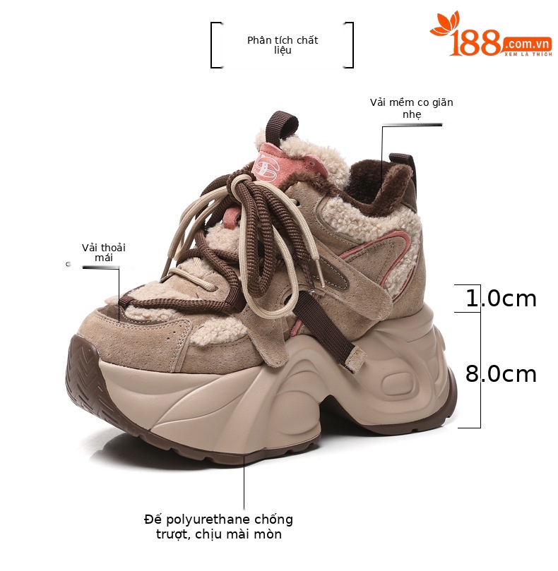 Giày sneaker nữ đế dày độn cao lót nhung mùa đông — Màu đen chi tiết 3