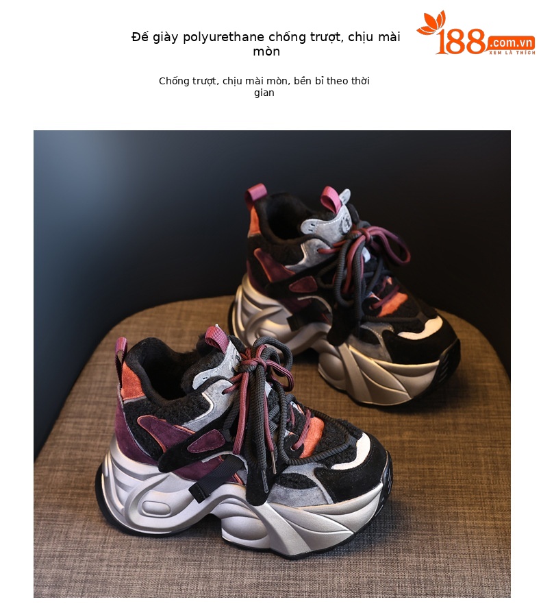 Giày sneaker nữ đế dày độn cao lót nhung mùa đông — Màu đen chi tiết 10