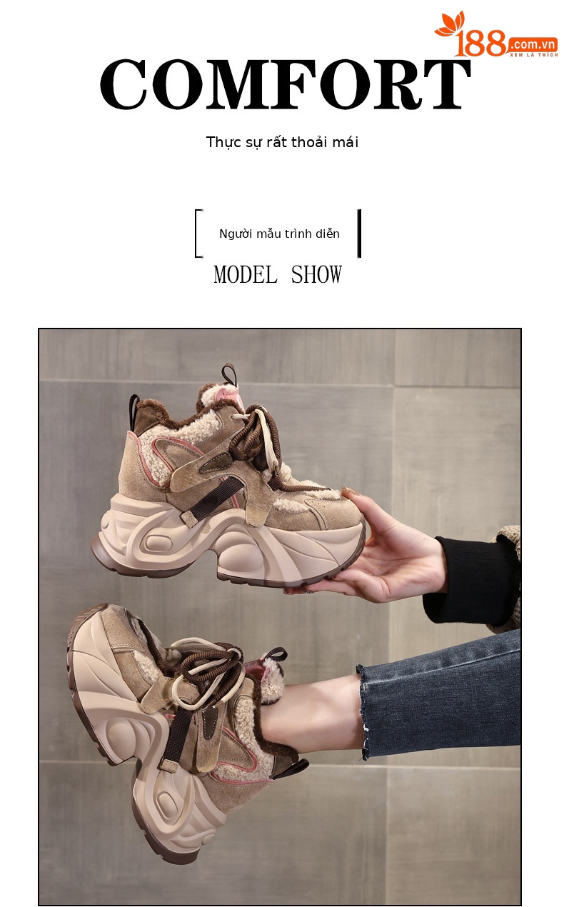 Giày sneaker nữ đế dày độn cao lót nhung mùa đông — Màu đen chi tiết 11