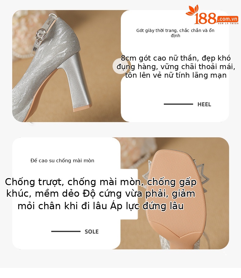 Giày Mary Jane nữ gót vuông phong cách Hàn Quốc, quai ngang nơ, đế chống thấm — Rượu sâm banh chi tiết 3