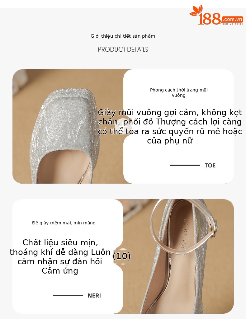 Giày cao gót nữ đế xuồng mũi vuông kiểu Mary Jane, gót dày — Rượu sâm banh chi tiết 2