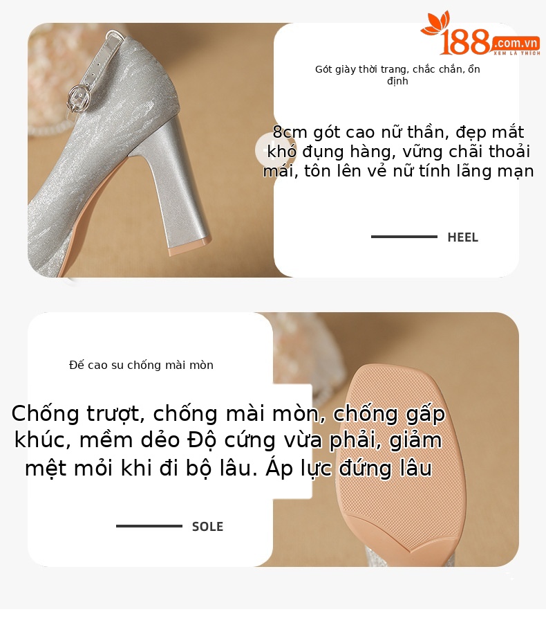 Giày cao gót nữ đế xuồng mũi vuông kiểu Mary Jane, gót dày — Rượu sâm banh chi tiết 3