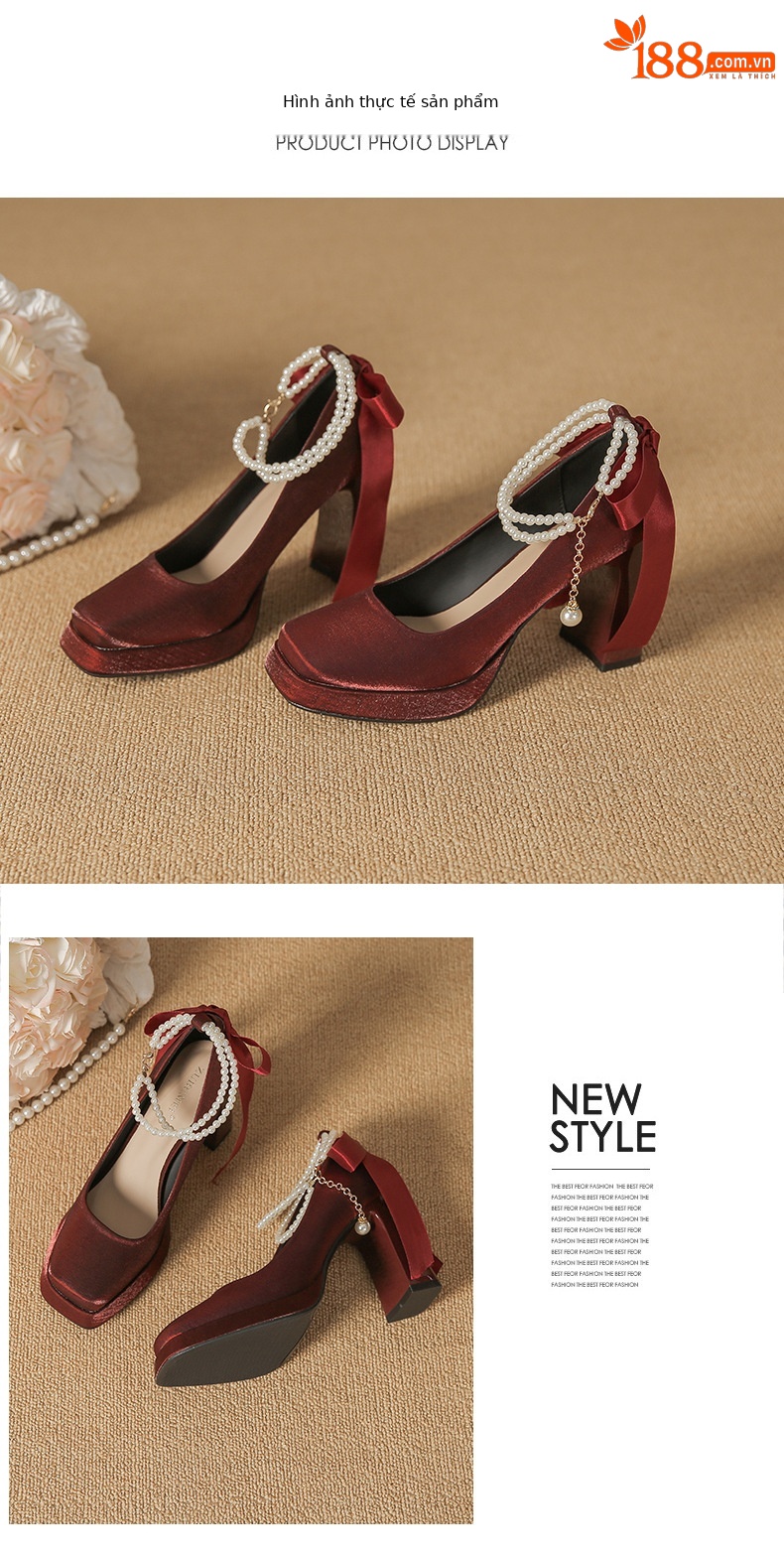 Giày Mary Jane nữ da lộn mũi vuông gót cao platform nơ — Đỏ rượu chi tiết 8
