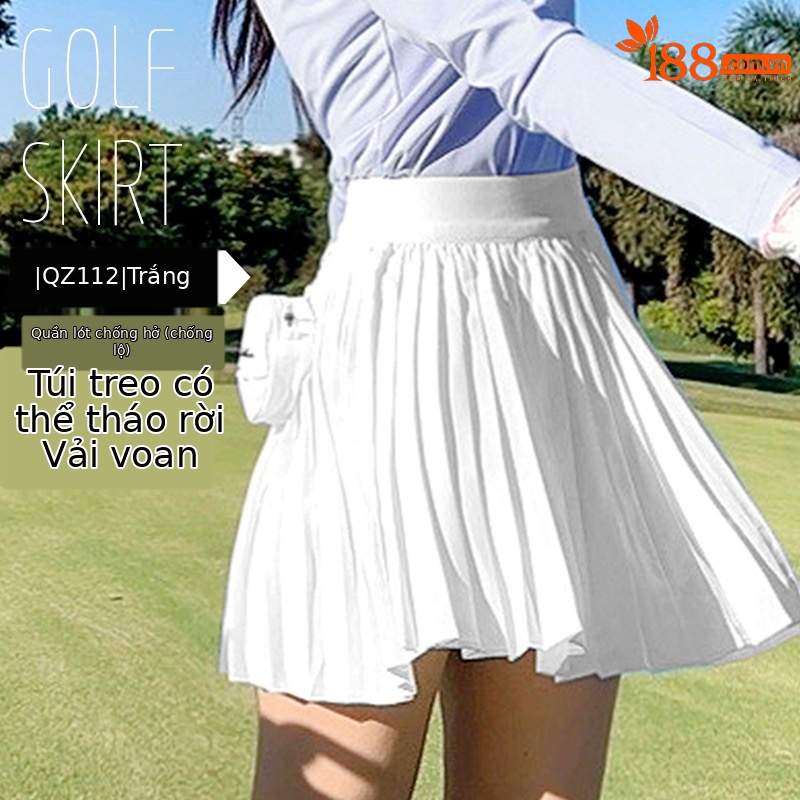 QZ112 [voan nhẹ/túi thắt lưng miễn phí/xà cạp chống chói] váy xếp ly màu trắng