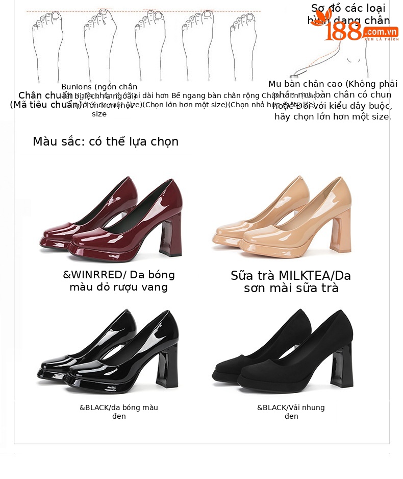 Giày Mary Jane cao gót mũi nhọn gót thô, miệng nông, đế chống thấm nước — Nhung đen chi tiết 1