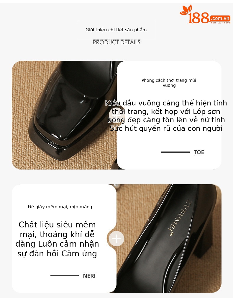 Giày Mary Jane cao gót mũi nhọn gót thô, miệng nông, đế chống thấm nước — Nhung đen chi tiết 2