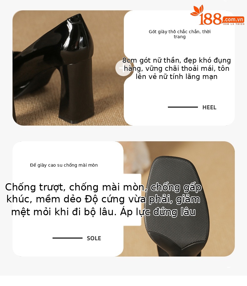 Giày Mary Jane cao gót mũi nhọn gót thô, miệng nông, đế chống thấm nước — Nhung đen chi tiết 3