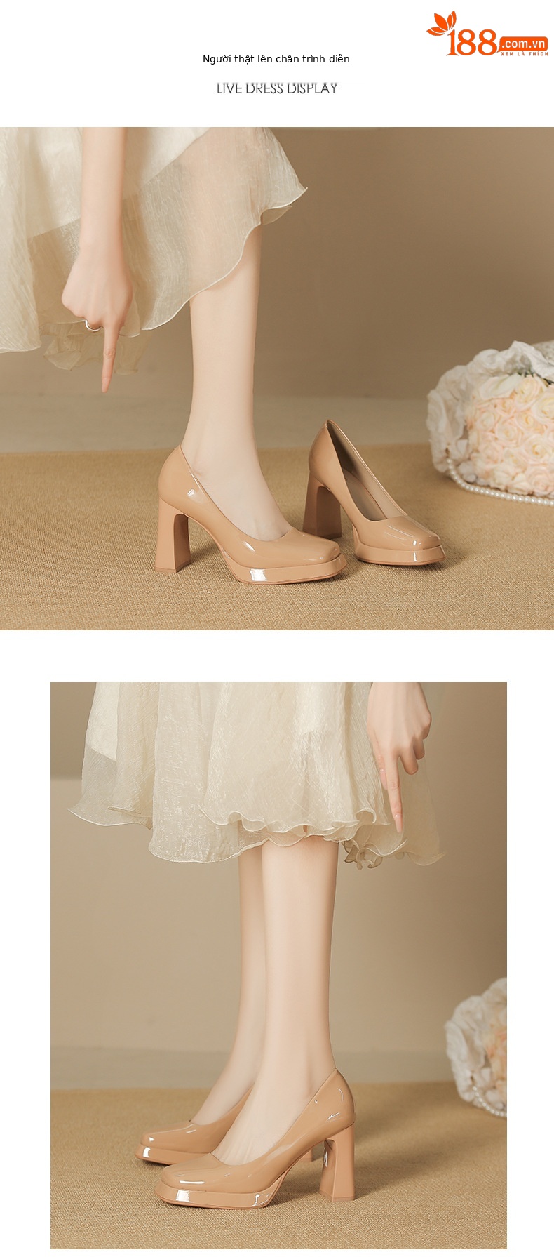 Giày Mary Jane cao gót mũi nhọn gót thô, miệng nông, đế chống thấm nước — Nhung đen chi tiết 4