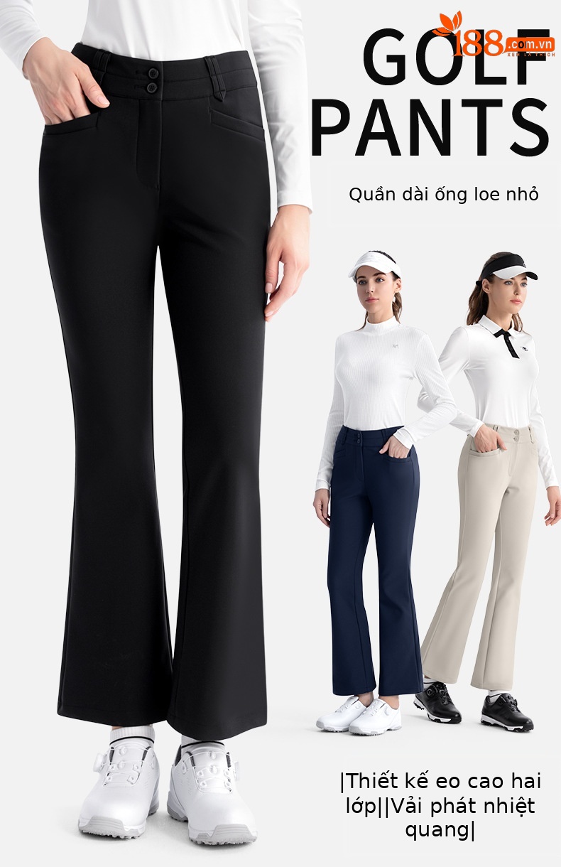 Quần golf nữ PGM hai lớp cạp cao ống loe giữ ấm tôn dáng — KUZ190-Quần ống loe màu đen, KUZ190-Kaki Sừng, KUZ190-Quần ống loe màu xanh hải quân, KUZ190-Quần ống loe màu trắng chi tiết 2