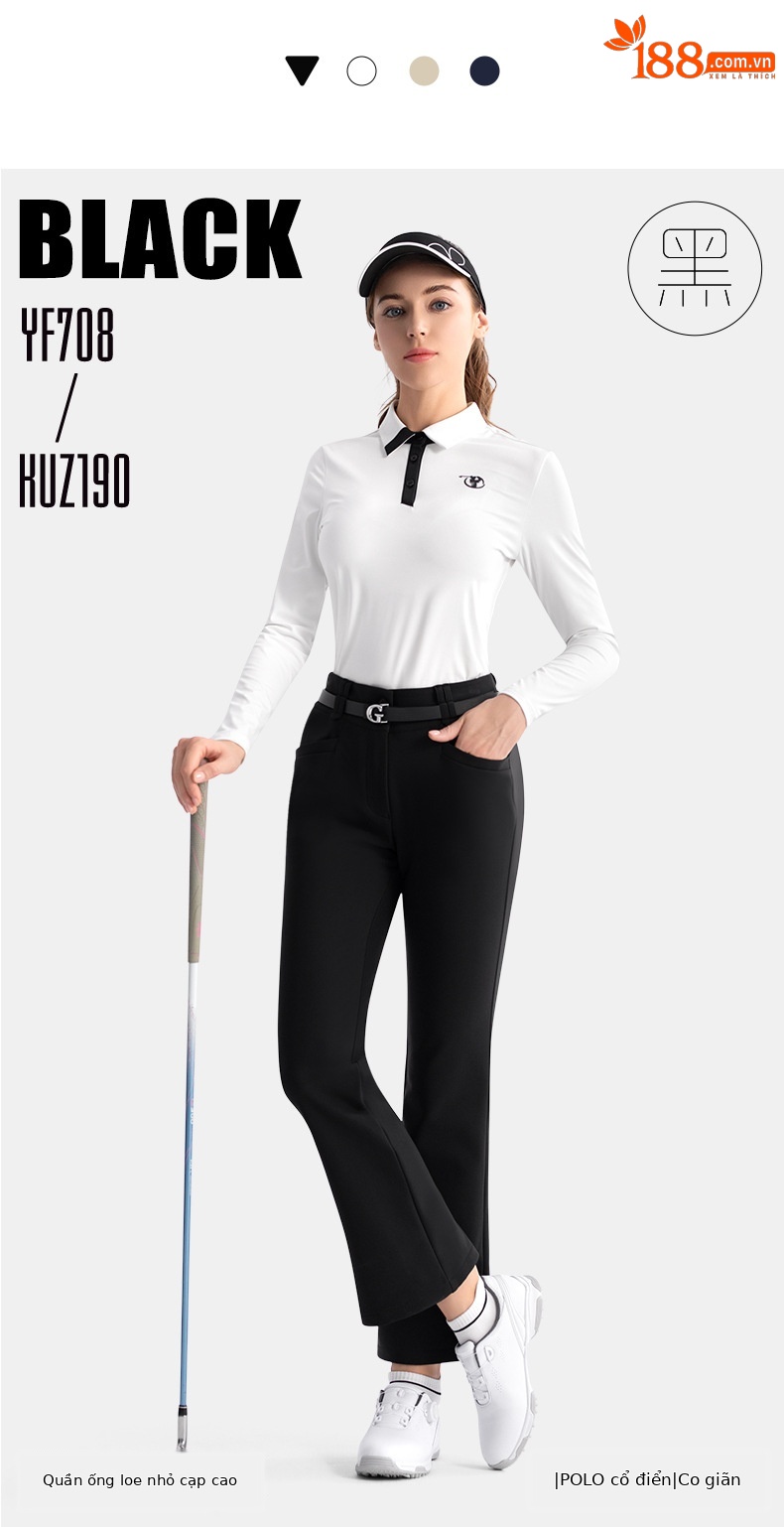Quần golf nữ PGM hai lớp cạp cao ống loe giữ ấm tôn dáng — KUZ190-Quần ống loe màu đen, KUZ190-Kaki Sừng, KUZ190-Quần ống loe màu xanh hải quân, KUZ190-Quần ống loe màu trắng chi tiết 3