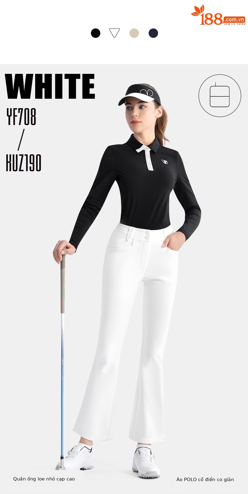 Quần golf nữ PGM hai lớp cạp cao ống loe giữ ấm tôn dáng — KUZ190-Quần ống loe màu đen, KUZ190-Kaki Sừng, KUZ190-Quần ống loe màu xanh hải quân, KUZ190-Quần ống loe màu trắng chi tiết 6