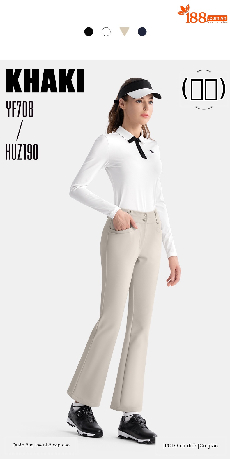 Quần golf nữ PGM hai lớp cạp cao ống loe giữ ấm tôn dáng — KUZ190-Quần ống loe màu đen, KUZ190-Kaki Sừng, KUZ190-Quần ống loe màu xanh hải quân, KUZ190-Quần ống loe màu trắng chi tiết 9