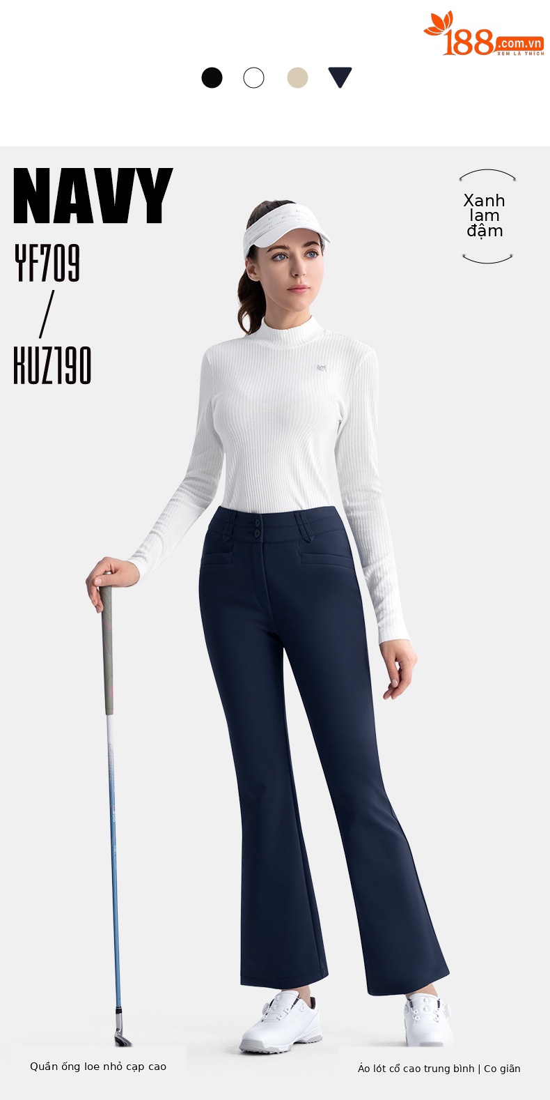 Quần golf nữ PGM hai lớp cạp cao ống loe giữ ấm tôn dáng — KUZ190-Quần ống loe màu đen, KUZ190-Kaki Sừng, KUZ190-Quần ống loe màu xanh hải quân, KUZ190-Quần ống loe màu trắng chi tiết 12