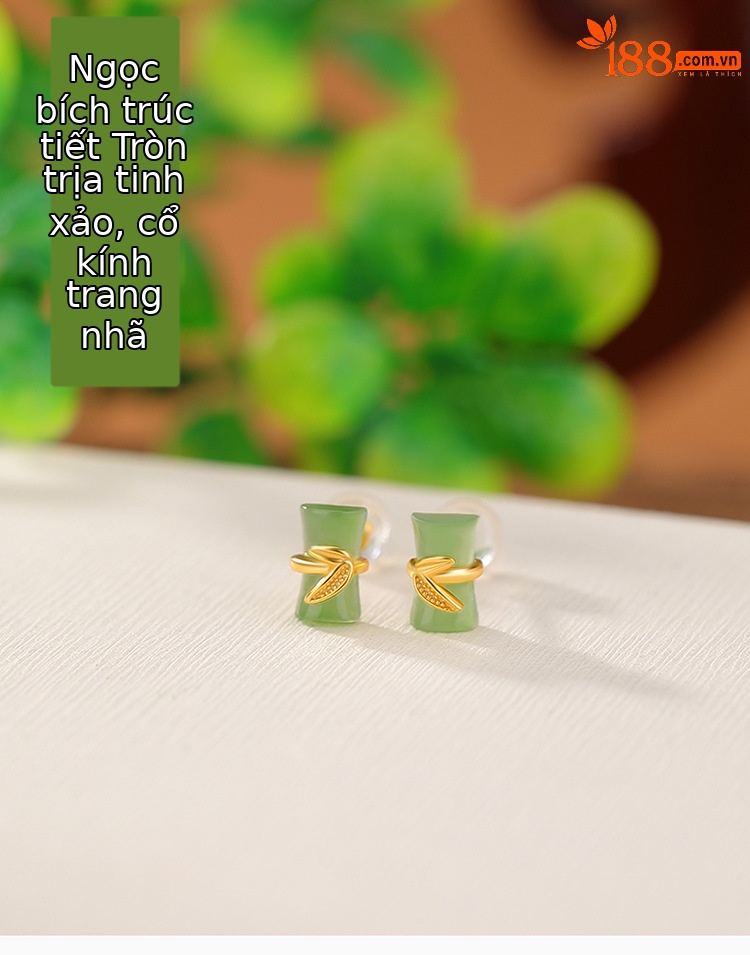 Khuyên tai nữ bạc S925 mạ vàng đính ngọc bích hình lá tre phong cách cổ điển — Kiểu màu bạc chi tiết 1