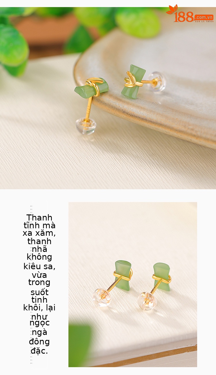 Khuyên tai nữ bạc S925 mạ vàng đính ngọc bích hình lá tre phong cách cổ điển — Kiểu màu bạc chi tiết 3
