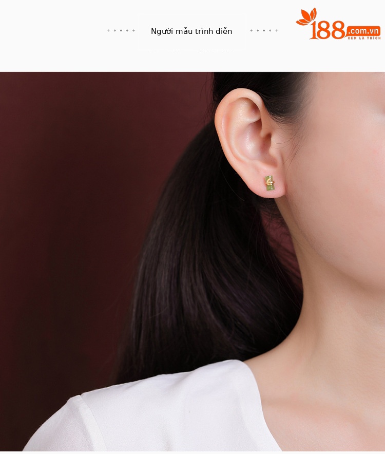 Khuyên tai nữ bạc S925 mạ vàng đính ngọc bích hình lá tre phong cách cổ điển — Kiểu màu bạc chi tiết 5