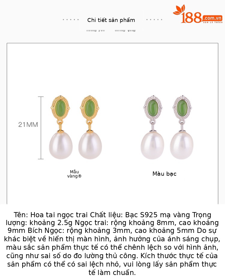 Bông tai nữ đính ngọc trai nước ngọt mạ vàng bạc S925 hình trứng — Kiểu màu bạc, Kiểu màu vàng chi tiết 2