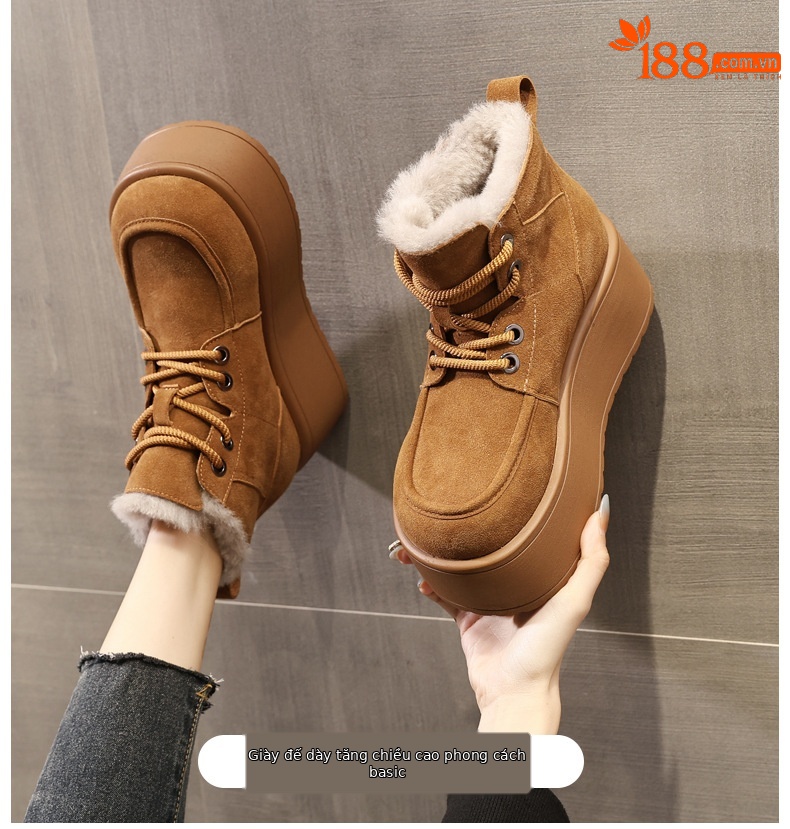 Giày boot nữ cổ cao đế dày tăng chiều cao, lót nhung ấm mùa đông — Màu cà phê chi tiết 1