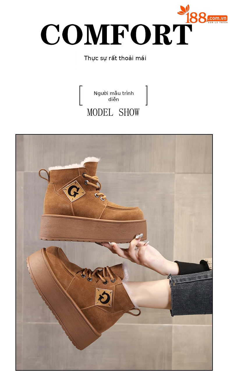 Giày boot nữ cổ cao đế dày tăng chiều cao, lót nhung ấm mùa đông — Màu cà phê chi tiết 10