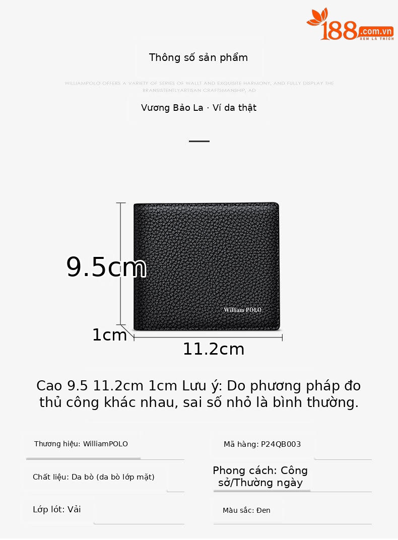 Ví nam ngắn da thật Emperor Paul cao cấp, gập mini đựng tiền xu và thẻ chi tiết 18