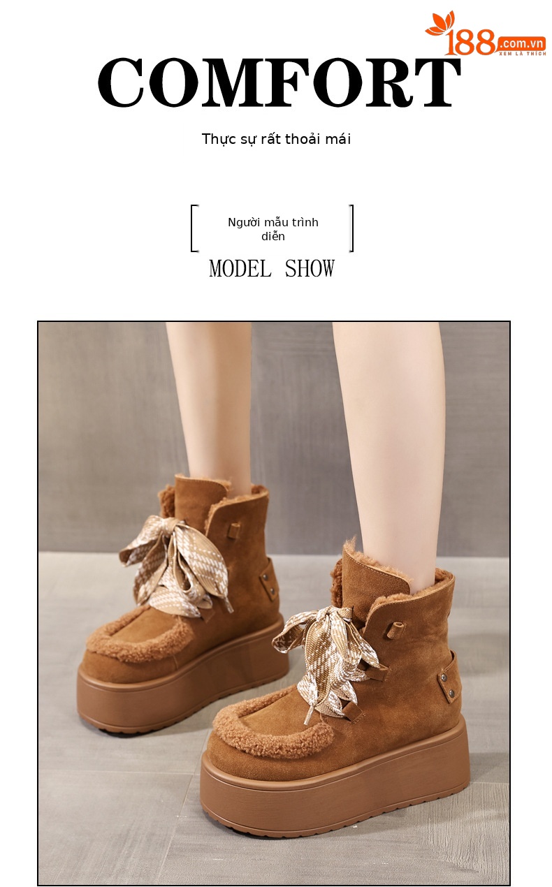 Giày boot nữ cổ cao lót nhung chống trượt đế dày tăng chiều cao — Màu cà phê chi tiết 11