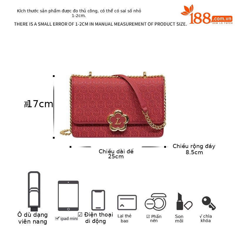 Túi đeo chéo da thật Hong Kong cao cấp kiểu dáng thanh lịch, màu đỏ dự tiệc — Màu đỏ, Màu xanh lục nhạt, Màu kaki